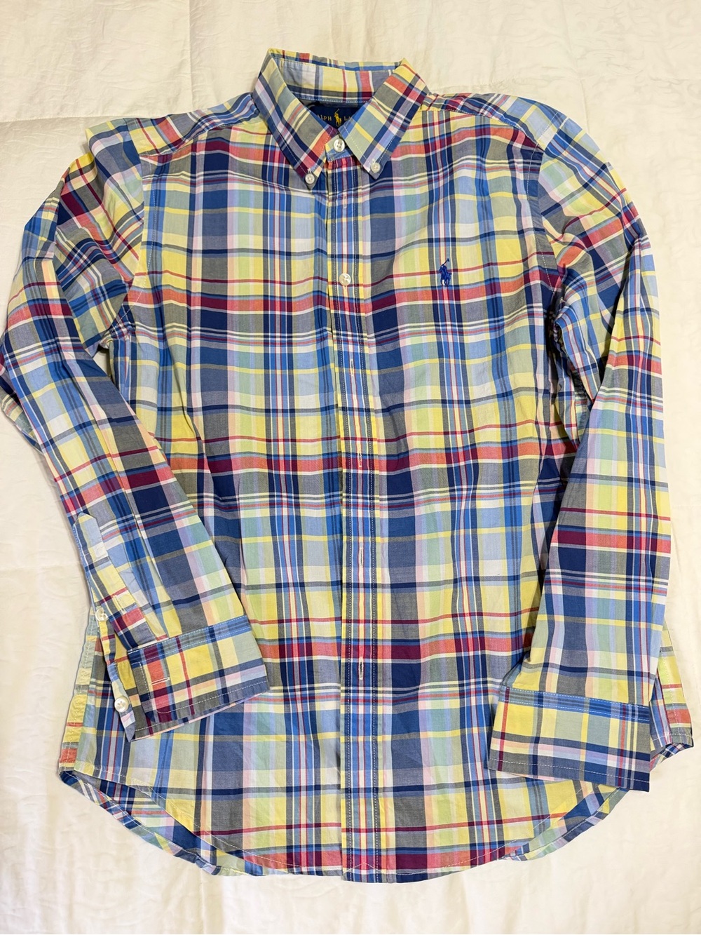 Polo Ralph Lauren Boys L 14-16 Blue Yellow Plaid Button Down Shirt Long Sleeve